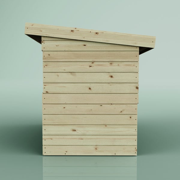 Seitenansicht eines Gartenhauses aus Holzbrettern mit Pultdach.