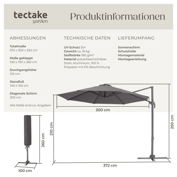 Sonnenschirm tectake Daria UV-Schutz 50+, inklusive Schutzhülle Ø 300 cm grau