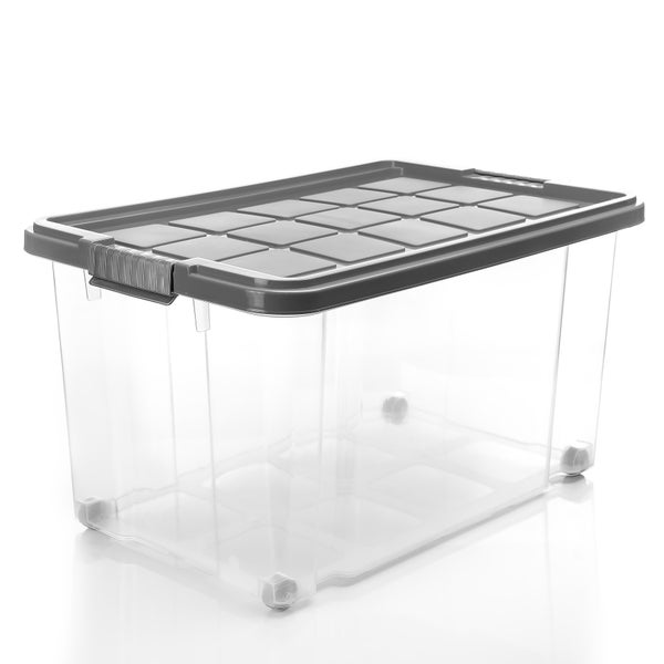BigDean 4 Stück 60 L Aufbewahrungsbox mit Deckel groß stahlgrau - stapelbare robuste Box BPA-frei - rollbare Stapelbox mit festen Klickverschlüssen - Made in Germany