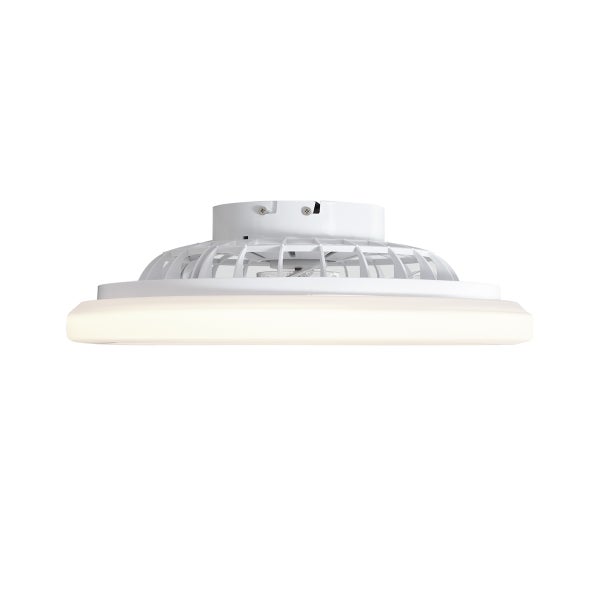 Deckenventilator mit integrierter LED-Beleuchtung in Ringform, weißes Gehäuse mit Schutzgitter.