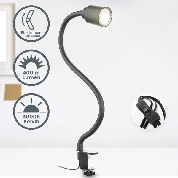 Klemmlampe - 5W, 400lm, LED, mit Stecker, dimmbar, Schwanenhals, warmweiß, schwarz