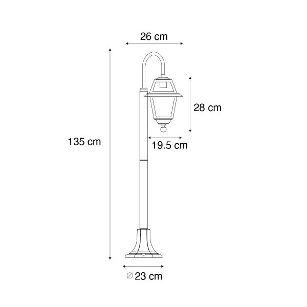 Skizze Sockelleuchte mit Maßen: Höhe 135 Zentimeter, Breite 26 Zentimeter, Leuchtenkopf 28 mal 19,5 Zentimeter, Durchmesser Standfuß 23 Zentimeter.