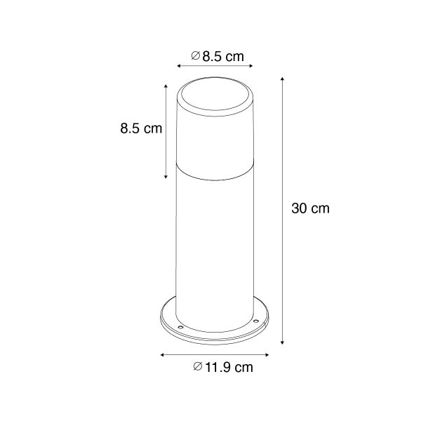 Skizze einer Außenleuchte mit Maßen: Gesamthöhe 30 Zentimeter, Sockeldurchmesser 11,9 Zentimeter, Kopfhöhe und Durchmesser 8,5 Zentimeter.