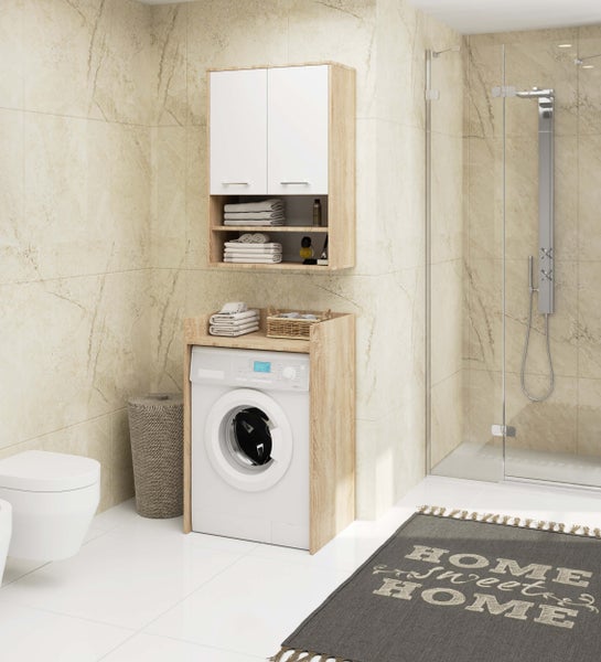 Helles Badezimmer mit Waschmaschine, Waschbecken, Toilette, Dusche und Aufbewahrungsmöbeln