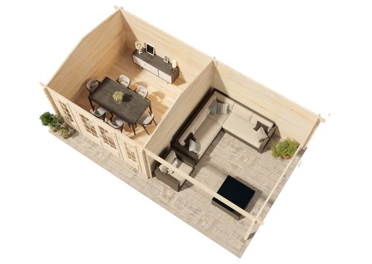 Geräumiges Gartenhaus aus Holz mit integrierter überdachter Terrasse, Glastüren und dunklem Satteldach in einem sonnigen Garten.