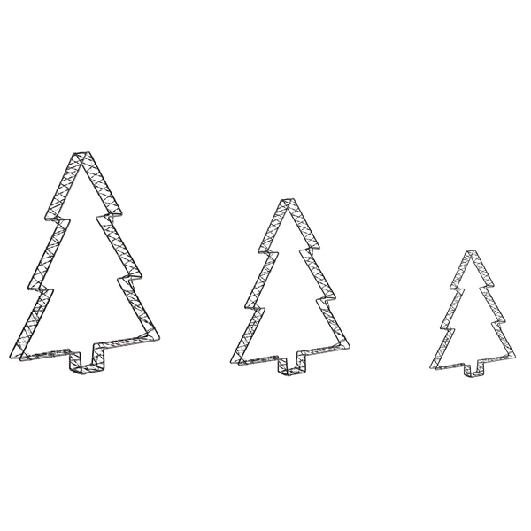 Drei dekorative Weihnachtsbäume aus Metall in verschiedenen Größen.
