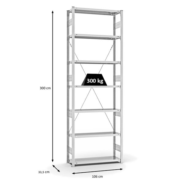 PROREGAL Fachbodenregal Stecksystem T-Profil Heavy-Duty Grundregal HxBxT 300 x 100 x 30 cm 7 Ebenen Fachlast 300 kg Einseitig Nutzbar Lichtgrau