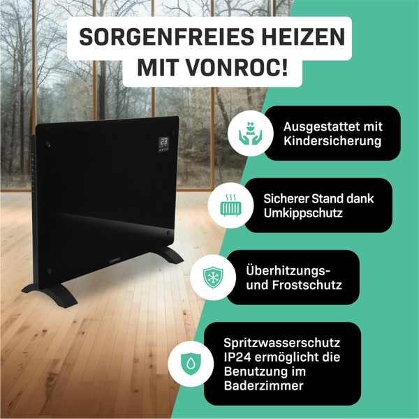 Vonroc Heizkörper mit Kindersicherung, Kippschutz, Überhitzungsschutz, Frostschutz und Spritzwasserschutz IP24