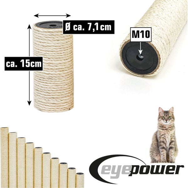 Ersatz-Kratzstamm aus Sisal für Kratzbäume mit M10-Gewinde, Höhe circa 15 Zentimeter und Durchmesser circa 7,1 Zentimeter. eyepower Logo.