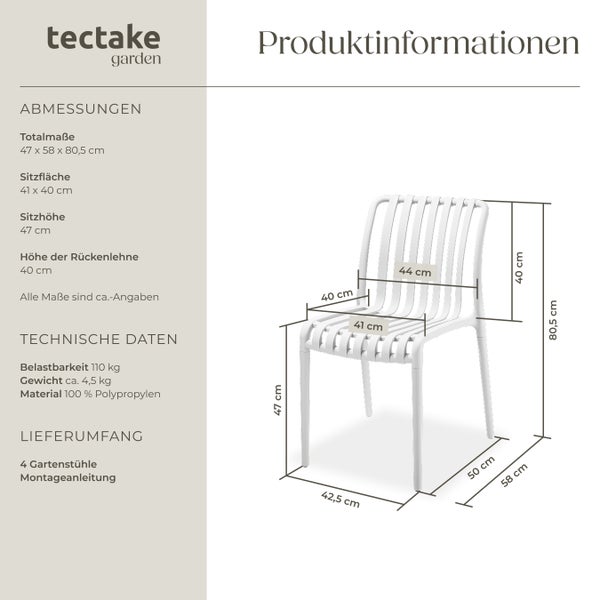 Gartenstühle tectake Alcudia 47 x 58 x 80,5 cm, Belastbarkeit 110 kg wetterfest und UV-beständig creme