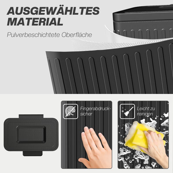 Nahaufnahme der Materialschichten eines schwarzen Mülleimers mit pulverbeschichteter Oberfläche, fingerabdruckresistent und leicht zu reinigen.
