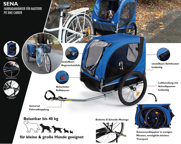 Sena Fahrradanhänger für Hunde bis 26 kg, Klappbarer Hundewagen für kleine & große Hunde, Transportanhänger 75x52x65 cm, Fahrradanhänger für Haustiere