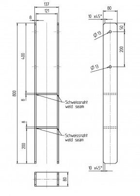 Technische Zeichnung eines Metallpfostens mit Maßen und Schweißnähten