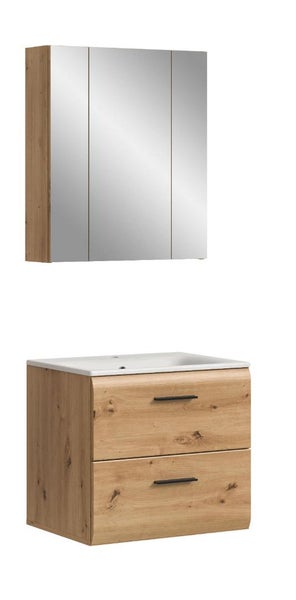 Badezimmermöbel-Set aus Waschtischunterschrank in Eichenoptik mit zwei Schubladen, schwarzen Griffen, weißem Waschbecken und Spiegelschrank.