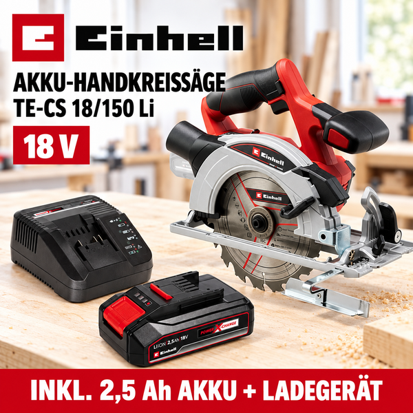 Einhell Akku-Handkreissäge TE-CS 18/150 Li mit 18 Volt Akku und Ladegerät für präzise Holzschnitte in der Werkstatt.