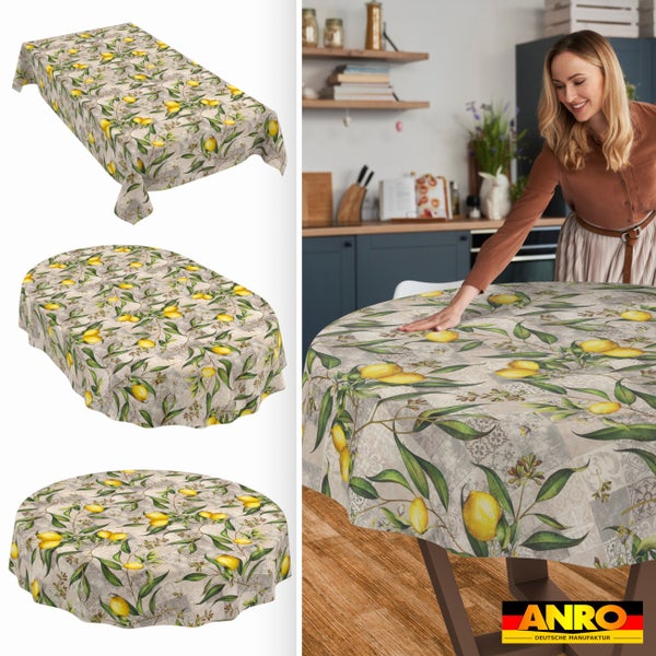 Abwaschbare Tischdecke mit Zitronen-Motiv in eckiger, ovaler und runder Form, eine Frau in einer Küche und ANRO Logo.