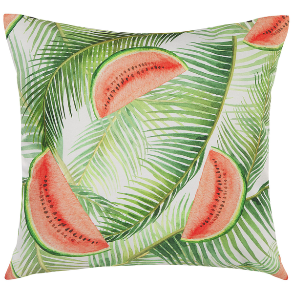 Quadratisches Dekokissen mit einem Muster aus Wassermelonenstücken und Palmenblättern.