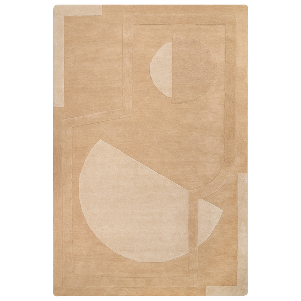 Hochflor-Teppich mit geometrischem Relief-Muster aus Kreisen und Linien in Beige.