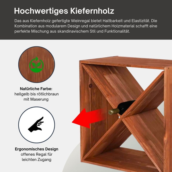 Modulares Weinregal aus Kiefernholz mit X-Einsatz, natürlicher Maserung und offenem Design für leichten Zugriff auf Flaschen.