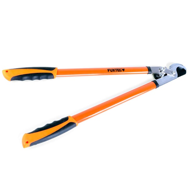 Fuxtec Astschere mit Bypass-Schneidsystem, langen orangefarbenen Griffen und ergonomischen schwarzen Handgriffen für die Gartenarbeit.