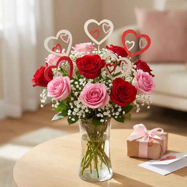 Blumenstrauß aus roten und rosa Rosen mit Herzsteckern in einer Glasvase auf einem Holztisch mit Geschenk.