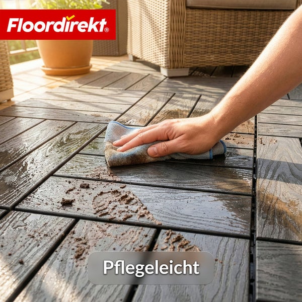 Eine Person reinigt eine Outdoor-Terrasse aus Fliesen mit einem Tuch. Floor direkt Logo.