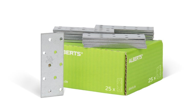 Set aus 25 Lochplatten aus verzinktem Stahl von Alberts zur Holzverbindung in der Verpackung