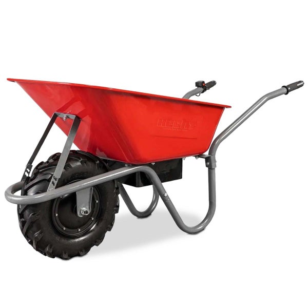 Elektrische Schubkarre Hecht mit roter Mulde, grauem Metallrahmen und geländegängigem Reifen.
