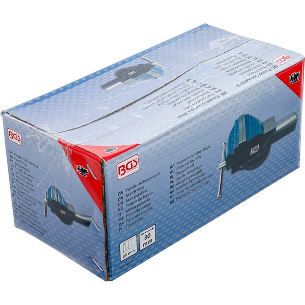 Verpackung eines Parallel-Schraubstocks der Marke BGS technic mit einer Spannweite von 80 mm