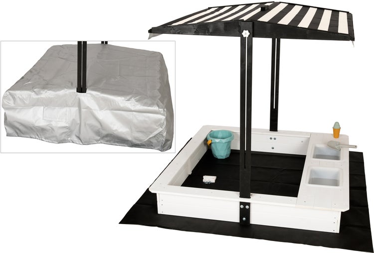 WONDERMAKE® Design Sandkasten mit Matschküche, Dach, Abdeckung OXFORD 420D, Vliesfolie, Sandkiste Holz quadratisch verschließbar Outdoor Garten für Kinder, schwarz weiß