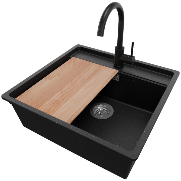 PRIMAGRAN Unterbauspüle Granit Schwarz Metallic 56x53cm, Spülbecken 1 Becken + Küchenarmatur 32x20cm + Ablauf-Set + Schneidebrett, Granitspüle ab 60er Unterschrank - Bergen