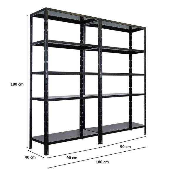 Zwei schwarze Metallregale mit den Maßen 180 cm Höhe, 90 cm Breite und 40 cm Tiefe.