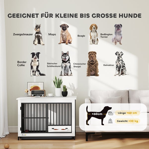 Hundebox für kleine bis große Hunde mit geeigneten Rassen, einer Länge unter 60 Zentimetern und einem Gewicht unter 30 Kilogramm.