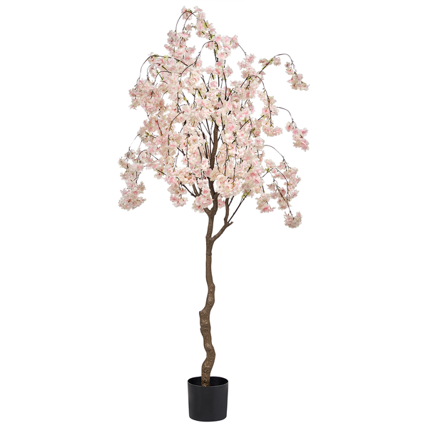 Künstlicher Kirschblütenbaum im schwarzen Topf mit rosa Blüten und strukturiertem Stamm.