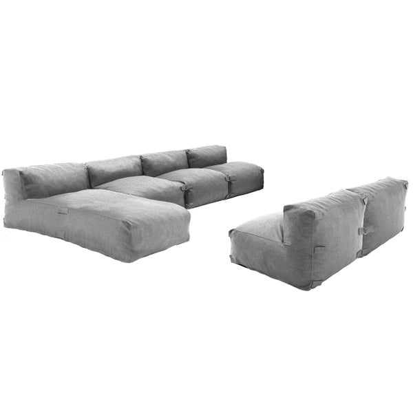 Graues modulares Lounge-Sofa-Set aus Stoff mit Verbindungsschlaufen, bestehend aus mehreren gepolsterten Elementen.