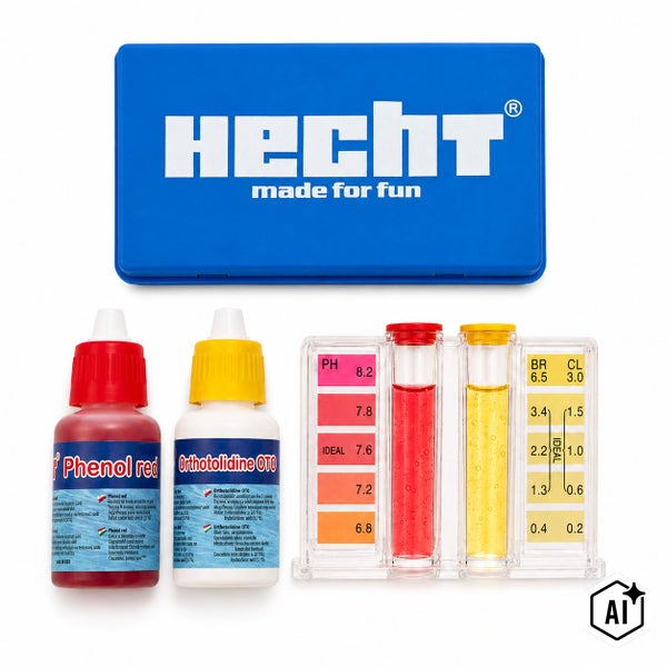 Hecht Pool Wassertestset zur Messung von PH Wert und Chlorgehalt inklusive Testflüssigkeiten und Messbecher in Aufbewahrungsbox