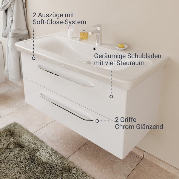 FACKELMANN MILANO Badmöbel Set 2 Teile – Waschtisch mit Unterschrank fürs Badezimmer – Waschbeckenunterschrank mit Schubladen in Weiß – Badschrank hängend – 100 cm breit