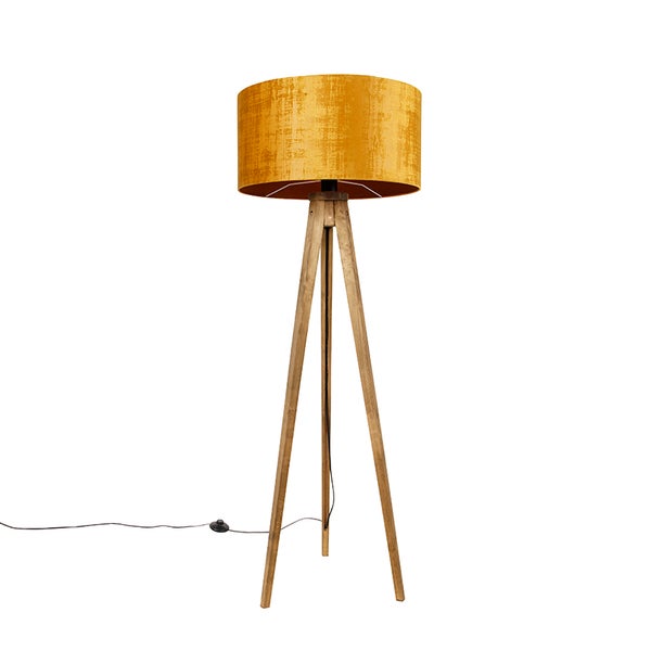 QAZQA - Landhaus I Vintage Ländliches Stativ Vintage Holz mit Gold I Messingschirm 50 cm - Tripod I Dreifuß Lampe I Dreifuss Classic I Wohnzimmer I Schlafzimmer - Rund - LED geeignet E27