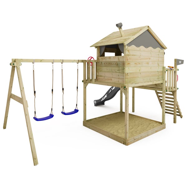 WICKEY Spielturm Klettergerüst Smart Coast mit Schaukel und Rutsche, Stelzenhaus mit Sandkasten, Kletterleiter und Spiel-Zubehör - anthrazit
