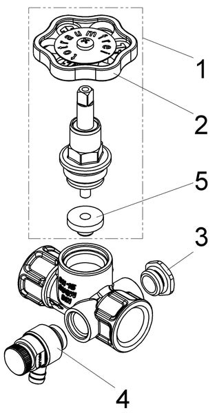 Explosionszeichnung eines Ventils mit nummerierten Einzelteilen wie Handrad, Ventileinsatz, Dichtung, Verschlussstopfen und Entleerventil.