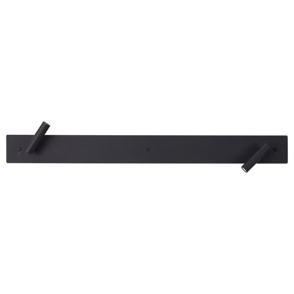 Schwarze Wandleuchte mit länglicher, rechteckiger Basis und zwei verstellbaren, zylinderförmigen LED-Spots.
