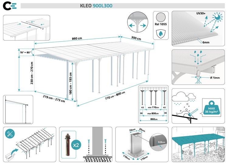 Angebaute Pergola/Carport 27m² KLEO 900L300 Aluminium Weiß