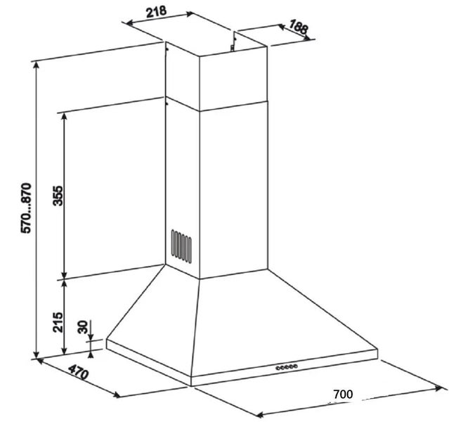 Maßzeichnung einer Dunstabzugshaube mit einer Breite von 700 Millimeter, Tiefe von 470 Millimeter und variabler Höhe von 570 bis 870 Millimeter.