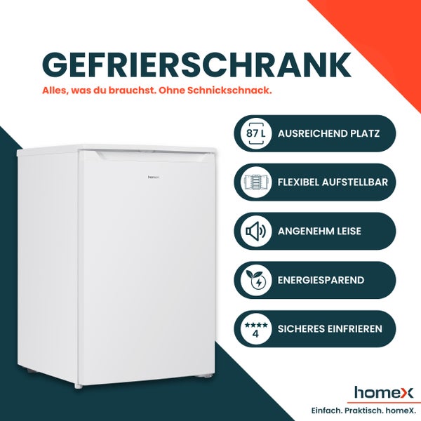 homeX Gefrierschrank Tiefkühlschrank klein 87L Nutzinhalt 4-Sterne Gefrieren kompakt und freistehend leise weiß