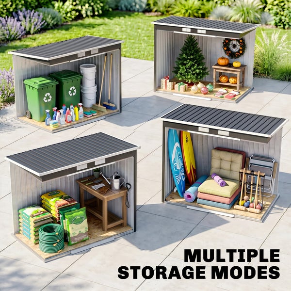 Moderner Grillpavillon aus Metall mit zweistufigem Dach in einem hellen Garten mit Gasgrill und Personen beim Grillen.