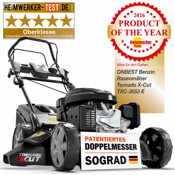 Onbest Benzin-Rasenmäher Tornado X-Cut TXC-3653 E mit patentiertem Doppelmesser, ausgezeichnet als Produkt des Jahres 2026 und Oberklasse.