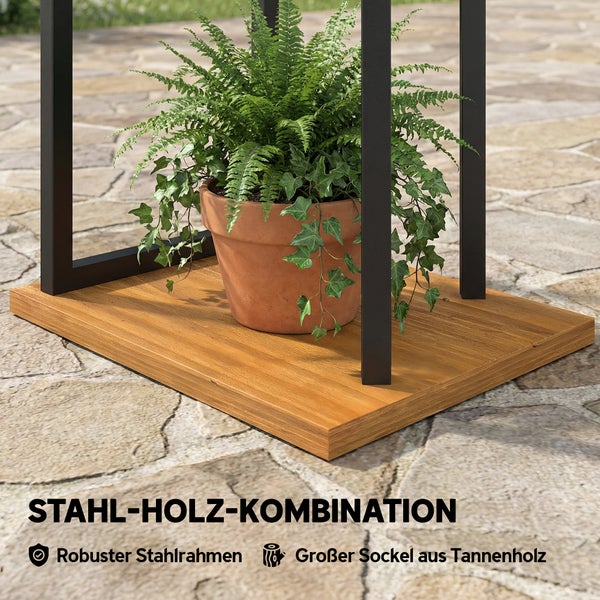 Stahl-Holz-Kombination mit robustem Stahlrahmen und großem Sockel aus Tannenholz, dekoriert mit einer Topfpflanze.