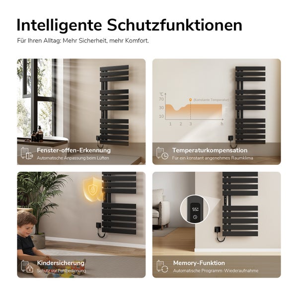 Intelligente Schutzfunktionen für Handtuchheizkörper: Fenster-offen-Erkennung, Temperaturkompensation, Kindersicherung und Memory-Funktion.