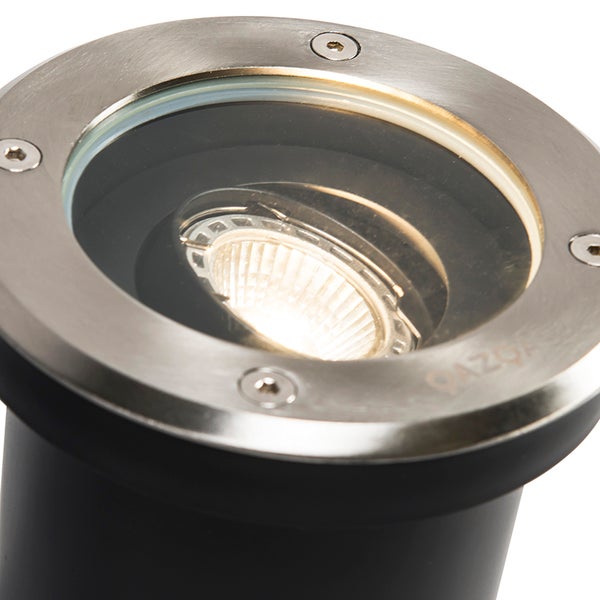 Bodeneinbaustrahler aus Edelstahl und Glas mit sichtbarem Leuchtmittel und vier Schrauben.