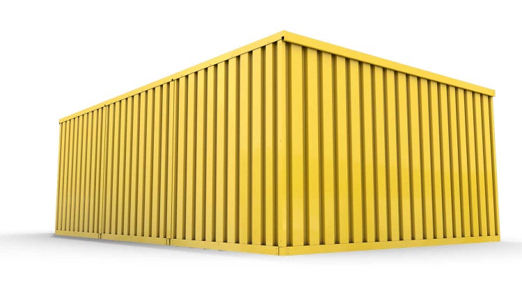Lagercontainer Gerätehaus L3  – 25 qm, H2150 x B4050 x T6520 mm, Außenwandlackierung RAL 1003 signalgelb, Dach außen verzinkt, mit Holzfußboden, 1270 mm Einflügeltür mittig in Breitseite, montiert